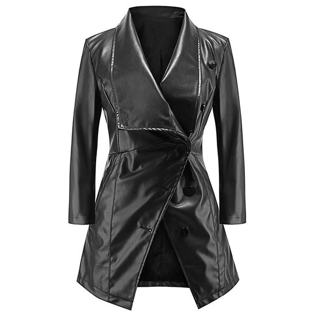 Women Medium long sleeves Coat autumn winter large lapel leather Temperament Buttons PU jacket