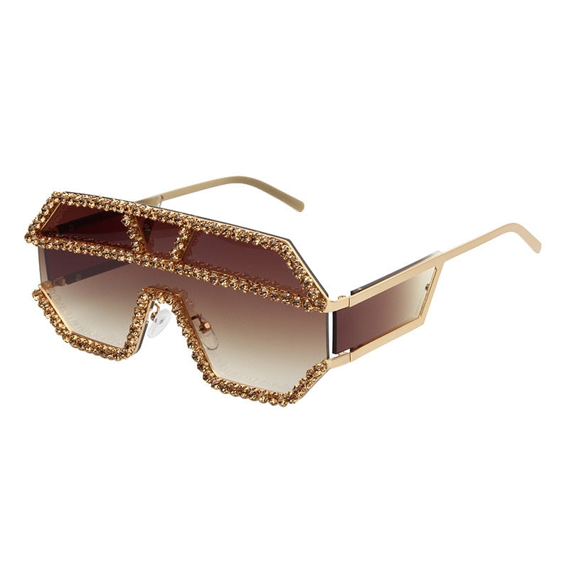 Fashion Rhinestone Oversized One Lens Rhinestone Sunglasses Men Women Crystal Geometric Patterns Sun Glasses UV400