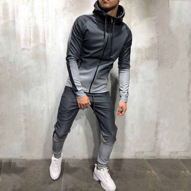 Men's Zipper Tracksuit Set - Printed Hooded Jacket Pants