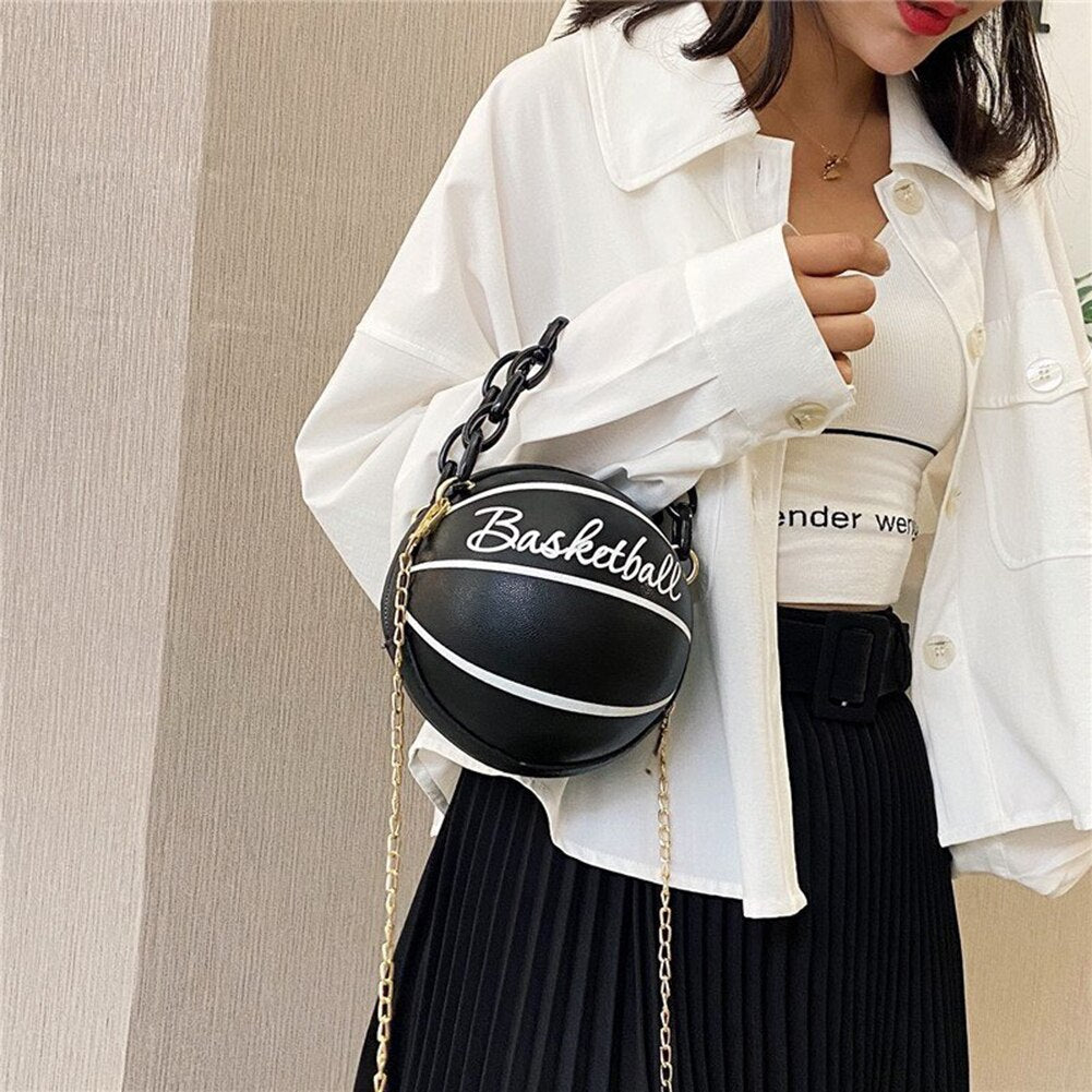 Personality female leather pink basketball bag new ball purses for teenagers women shoulder bags crossbody chain hand bags