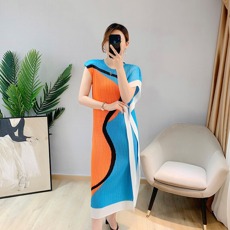 Miyake Pleated Dress Spring New Printed Bottom Skirt Slim Fashion Foreign Women Loose Large Size Long 18 To 4