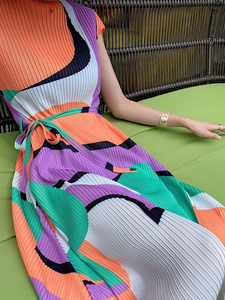 Women Pleated Dress Orange Color Block Print Round Collar With Belt Elegant Dresses