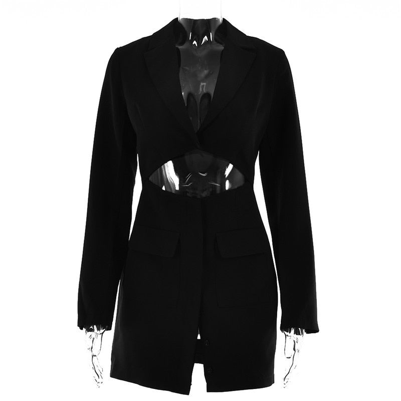 Articat Autumn Fashion Long Sleeve Blazer Dress Women Sexy Notched Collar Hollow Out Buttons Jacket Office Ladies Slim Outfits