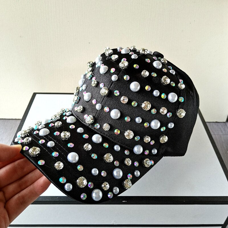 Woman Girl Rhinestone Pearl Baseball Hat White Pink Adjustable Snapback Cap Fashion Spring Sunhat Cool High Quality Hat