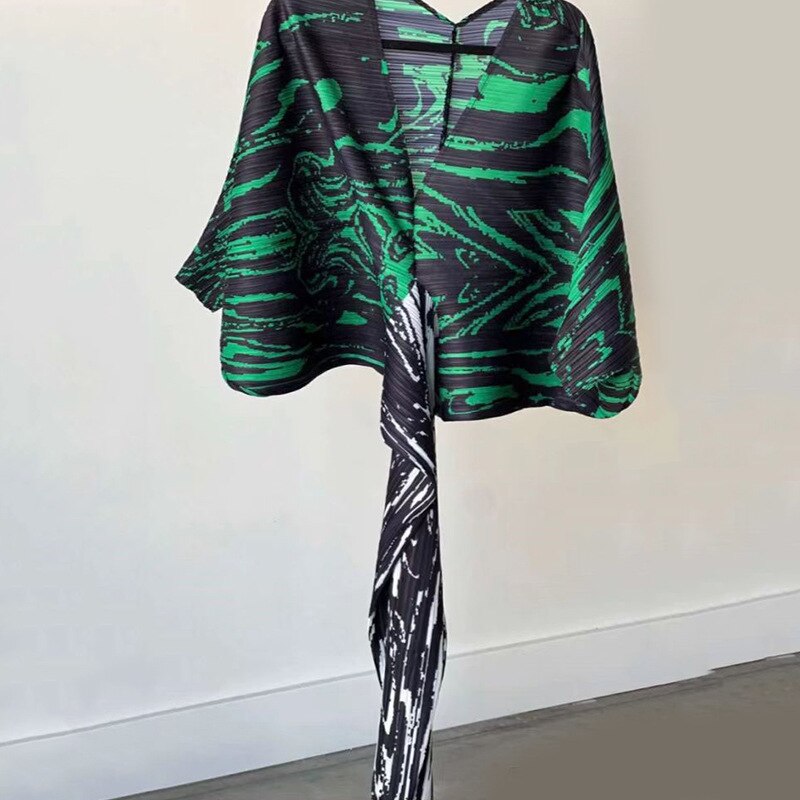 Miyake Pleated V-neck Print Dress Spring 2023 New Green White Long Pressed Casual Pleated Skirt One Size Burst