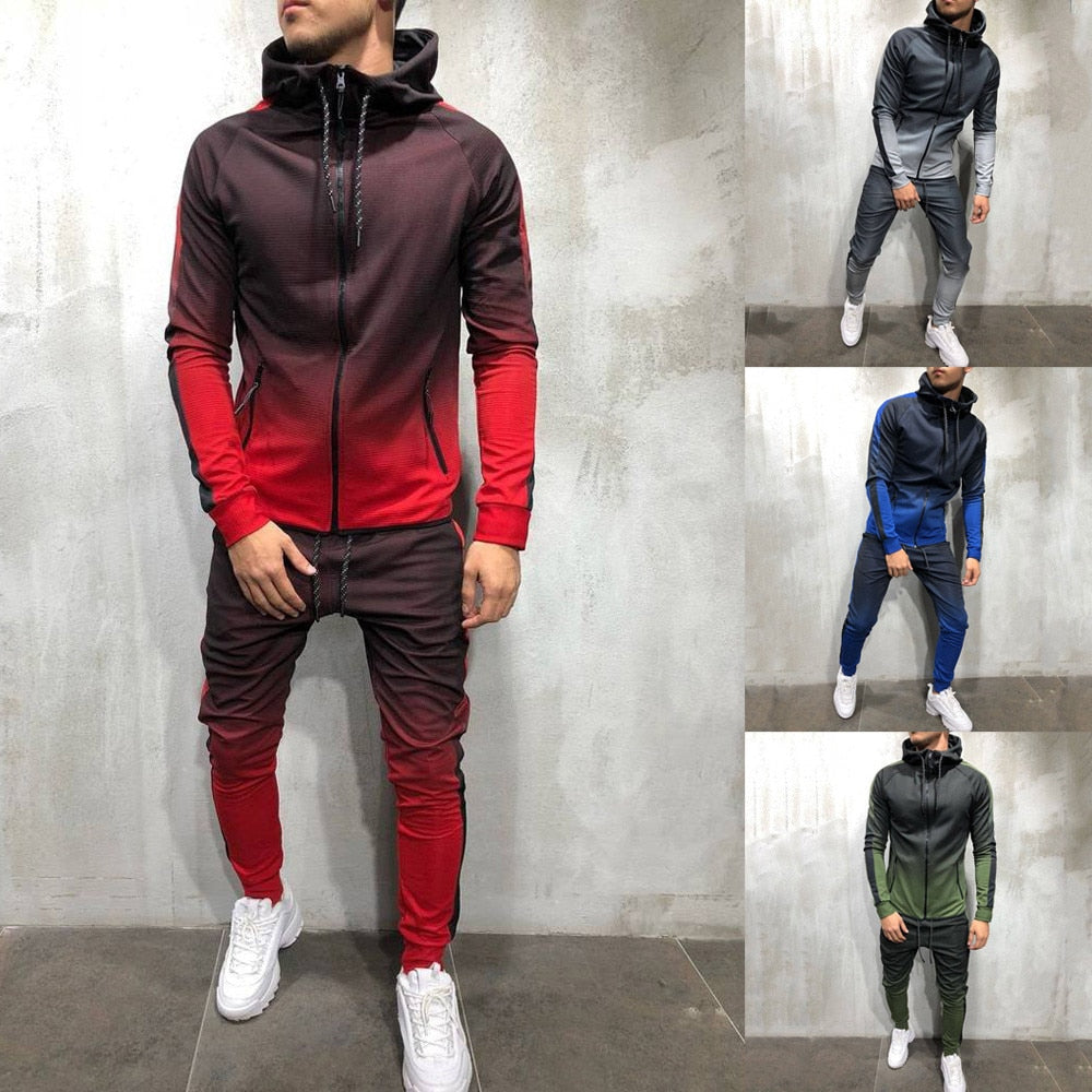 Men's Zipper Tracksuit Set - Printed Hooded Jacket Pants