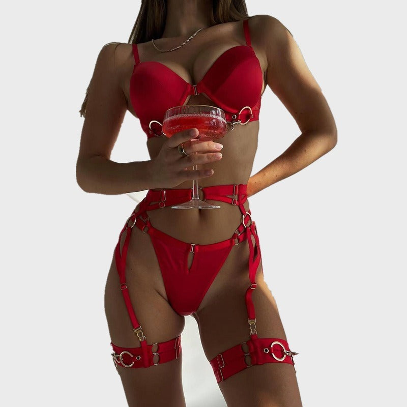 Sexy And Fashionable Metal Chain Motorcycle Accessories Solid Color Four-Piece Set Front Buckle Sexy Underwear Set