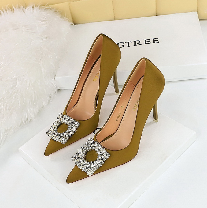 Spring and autumn banquet high heeled shoes women shoes super high heeled shallow mouth pointed toe satin rhinestone buckle