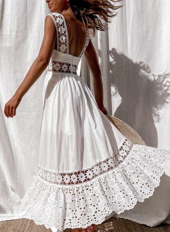 New European and American Fashion Lace Sleeveless Splicing Long Skirt Dress