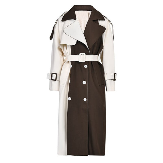 [EAM] Women  Brown Color-block Big Size Long Trench New Lapel Long Sleeve Loose Fit Windbreaker Fashion Spring Autumn  2C740