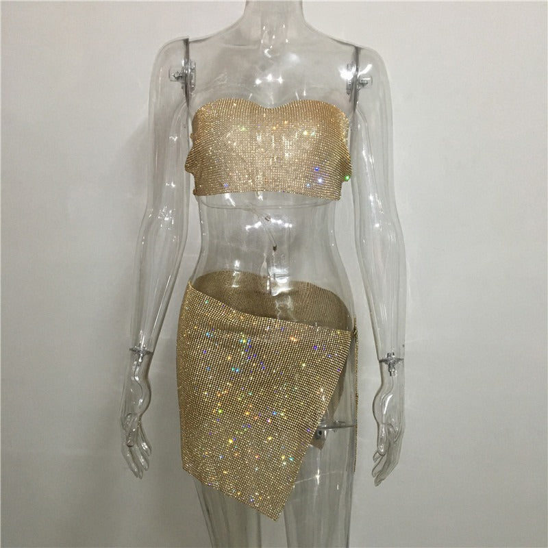 Fashion nightclub women clothing personalized rhinestone metal tube top skirt suit hot girl flash diamond top