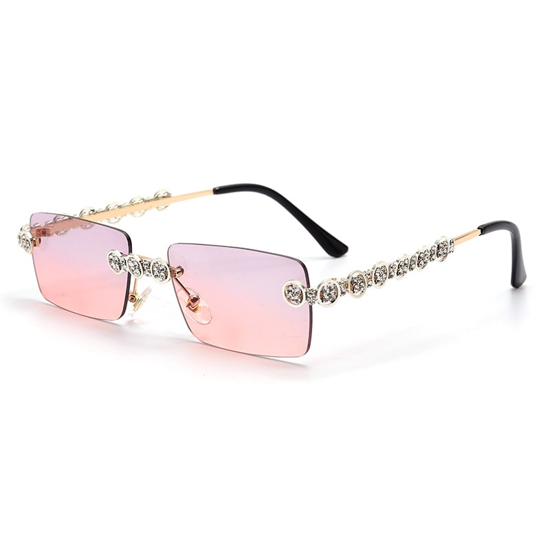 Rimless Diamond Sunglasses Women Rectangle Steampunk Sun Glasses Crystal Vintage Rhinestone Glasses Eyewear UV400 Oculos