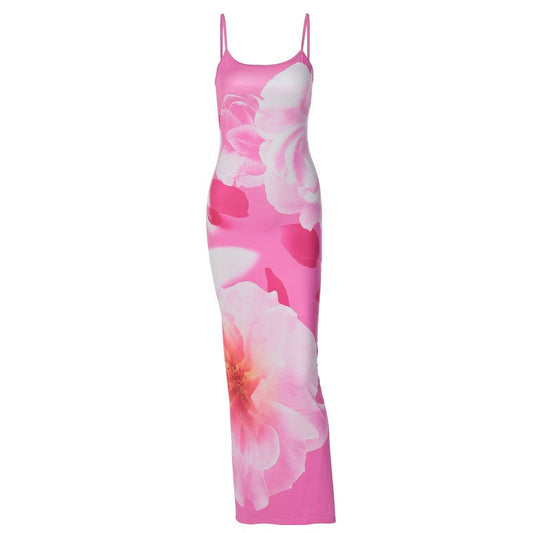 Floral print dress with U-neck open back slit strap high waist tight and elegant long skirt