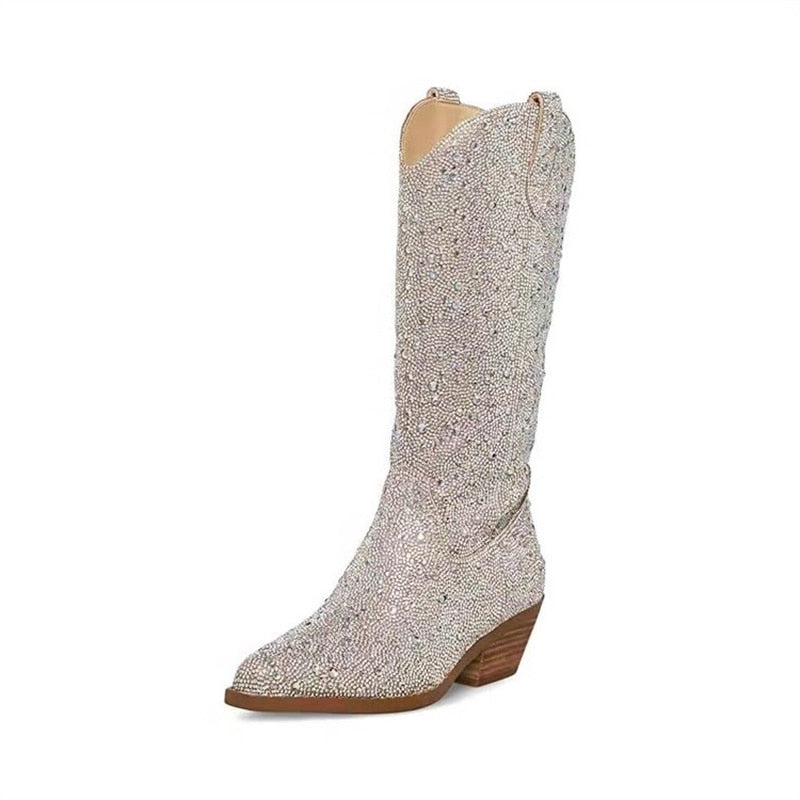 Processing time:4-7days after placing orders Rhinestone Women's High Boots Pointed Toe Slip-on Long Boots Women  Female Shoes Chunky Heels Women Cowboy Botas Femininas 2023