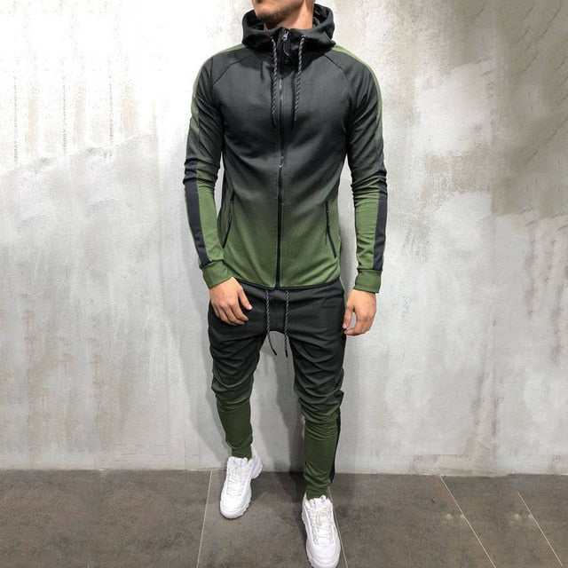 Men's Zipper Tracksuit Set - Printed Hooded Jacket Pants