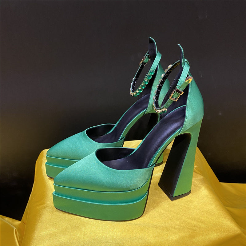 processing time:5-7 days after placing orders--Luxury Women High Heel Shoes Platform Sandals Pointed Toe Woman Silk Pumps Sexy Rhinestone Buckle Chunky Heel Wedding Shoes