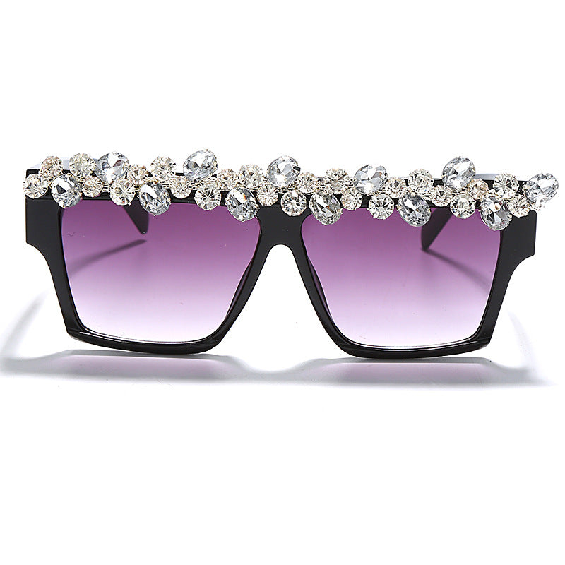 New Quality Fashion Large Frame Square Grape Diamond Sunglasses Luxury Rhinestone Set Zirconium Graphite Mirror Glasses