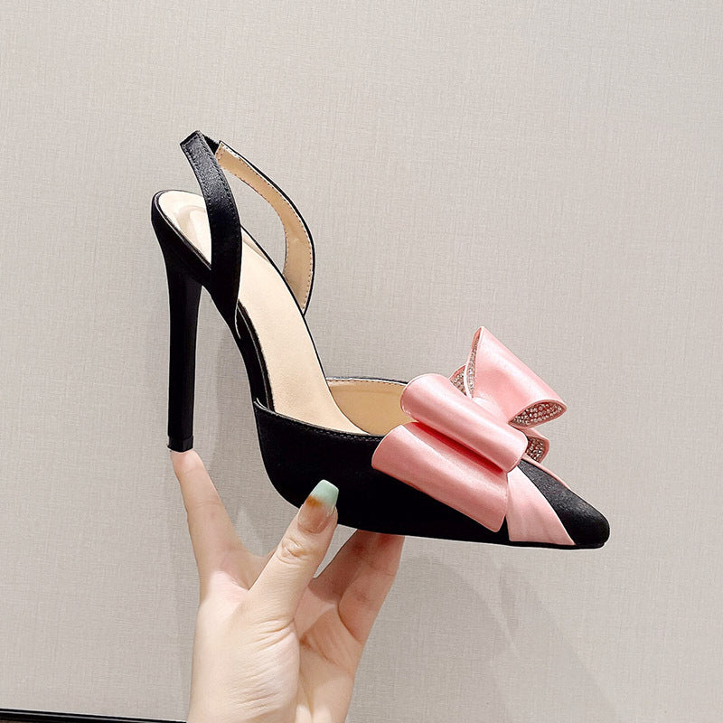 Pointed slim high heels, bow tie, rhinestone color matching, super high heels, sandals for women