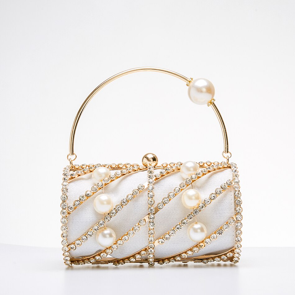 Hollow Out Diamonds Evening Clutch Bag Women Chic Small Barrel Shaped Metal Cage Handbag Round Rhinestone Purse Wedding