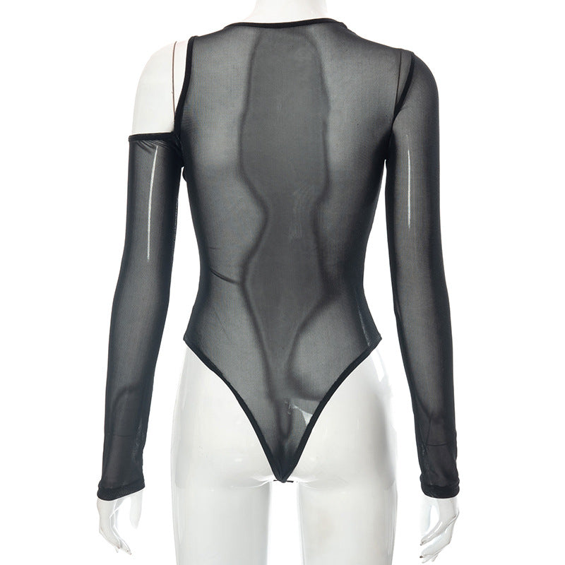 Summer New Fashion Sexy Mesh Perspective Tight Long Sleeve Bodysuit in Stock