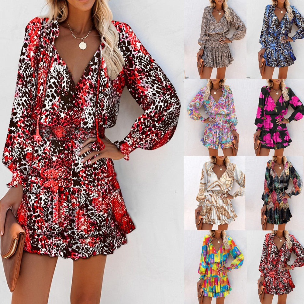 Long Sleeved V-Neck Fashionable Printed Waistband Dress for Women