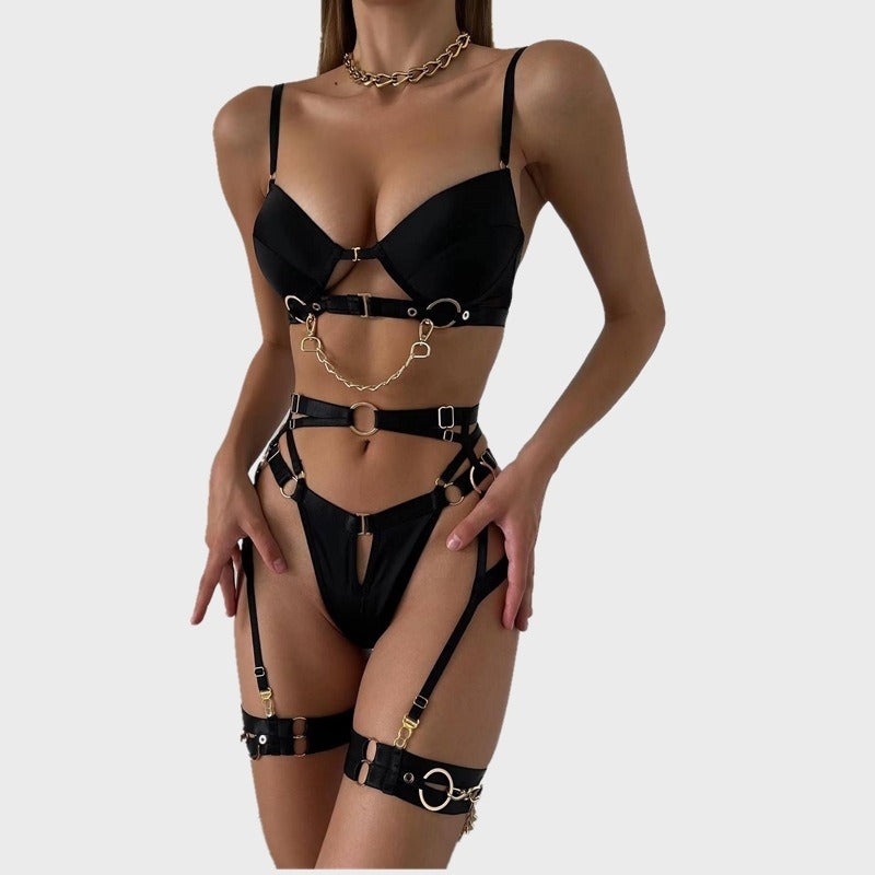 Sexy And Fashionable Metal Chain Motorcycle Accessories Solid Color Four-Piece Set Front Buckle Sexy Underwear Set