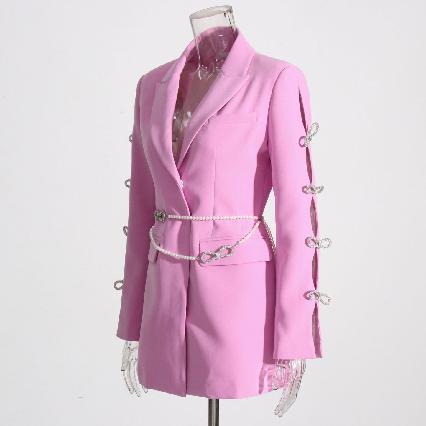 Spring New Design Feeling Temperament  Hollow Bow Knot Rhinestone Sleeve  Pearl Belt  Suit Dress Female