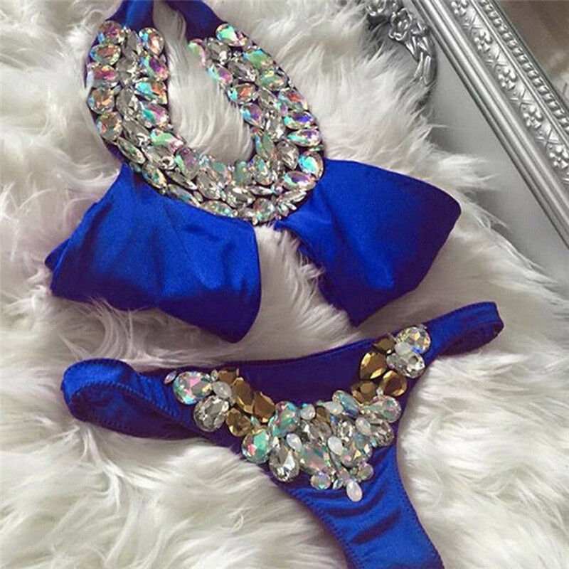 Women Rhinestone Crystal Bikini Sets Solid Push up Padded Bra Bandage Bikini Set Swimwear Bathing