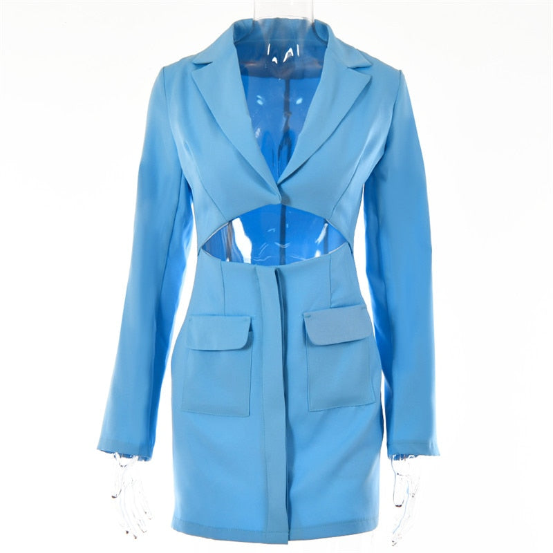 Articat Autumn Fashion Long Sleeve Blazer Dress Women Sexy Notched Collar Hollow Out Buttons Jacket Office Ladies Slim Outfits