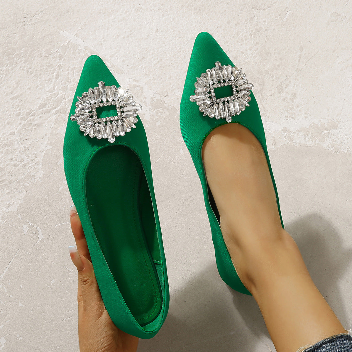 Bottom Single Shoes Shallow Mouth Pointed Toe Rhinestone Square Buckle Mary Jane Women's Shoes New Suede Slip On Shoes