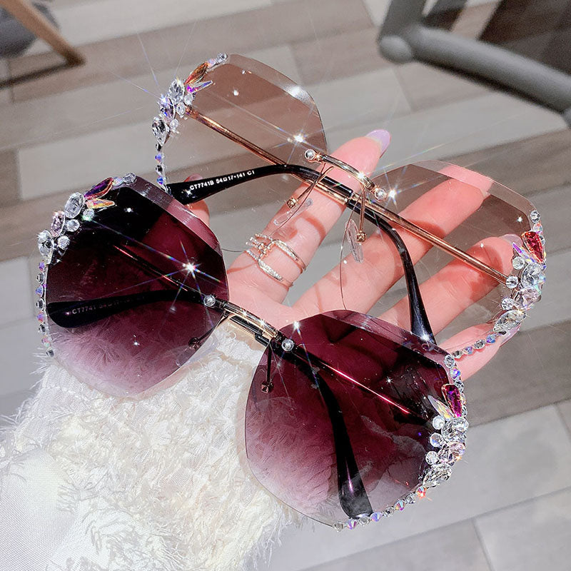 Fashion Brand Design Vintage Rimless Rhinestone Sunglasses Women Men Retro Cutting Lens Gradient Sun Glasses Female UV400