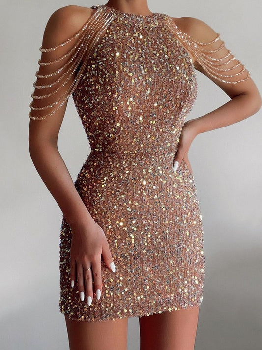 Spring And Summer New Fashion Hanging Neck Sexy Crystal Tassel Package Hip Sequin Dress Mid-Waist Evening Dress