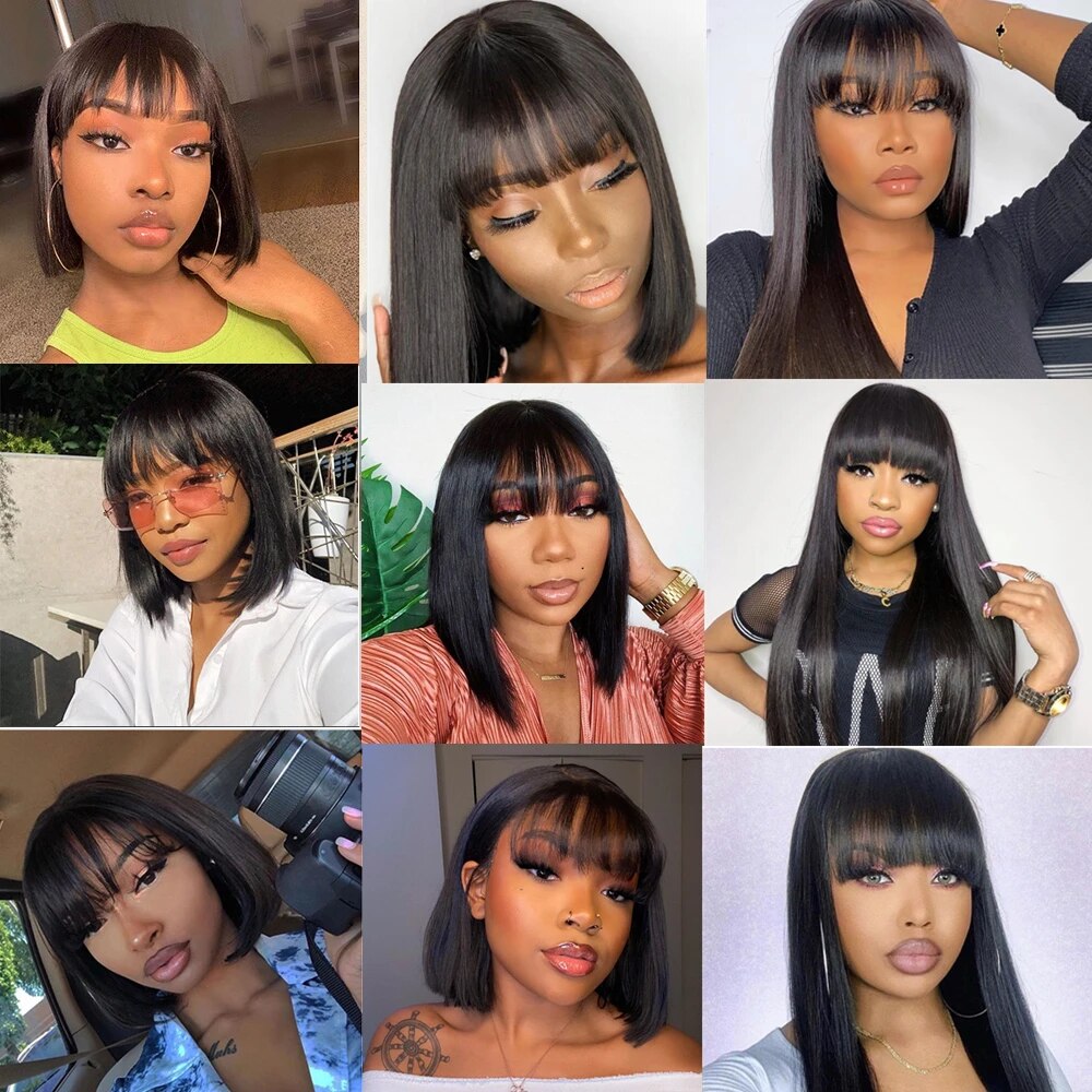 Short Straight Bob Human Hair Wigs With Bangs Full Machine Made Wigs For Black Women Glueless Fringe Wig Brazilian Cheap