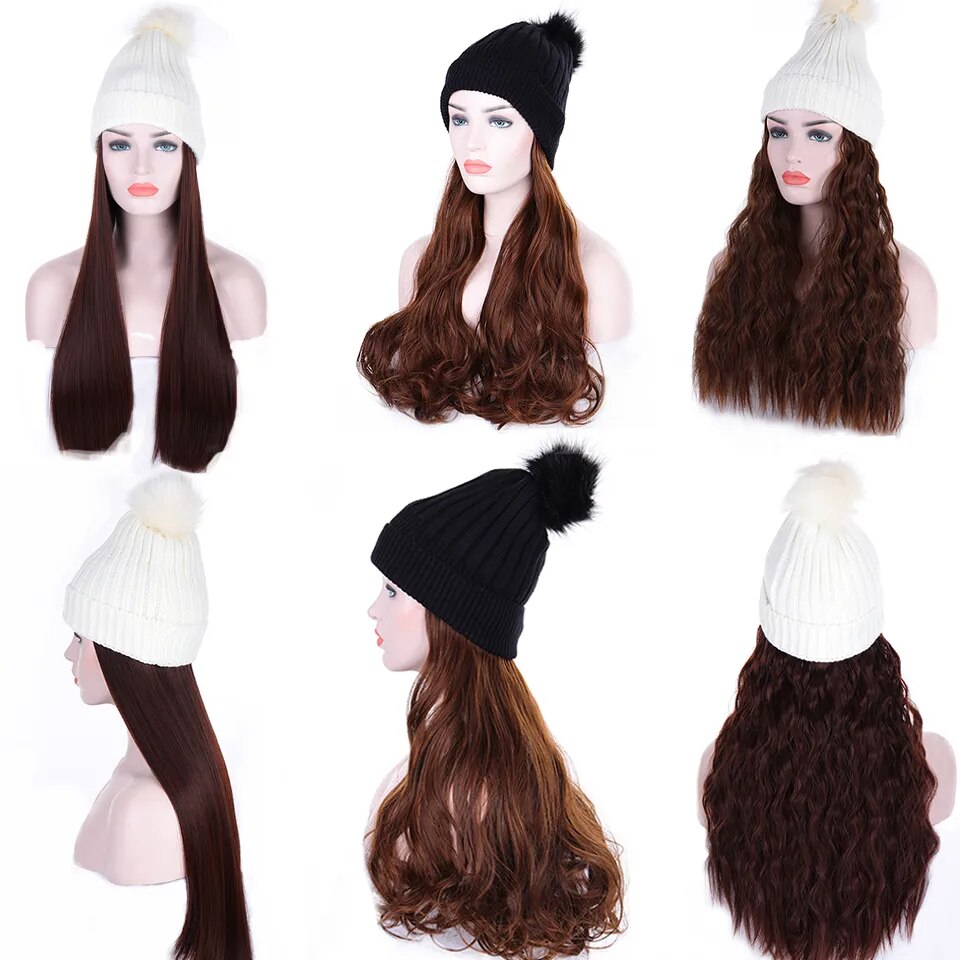 HOUYAN  Wig female long hair with hat wig one female summer natural full head style fashion net red trend long curly hair