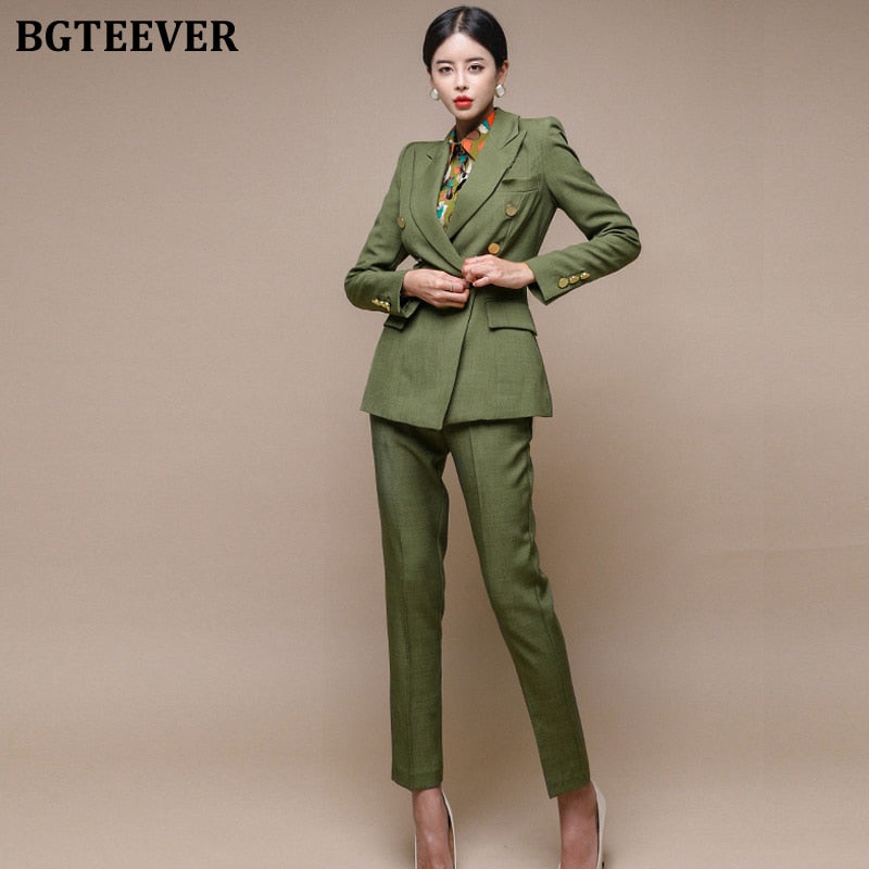 Fashion Green Women Blazer Set Double-breasted Slim Jacket & Pencil Pant Women Pant Suit Ladies Work Suit Female 2 Piece Set