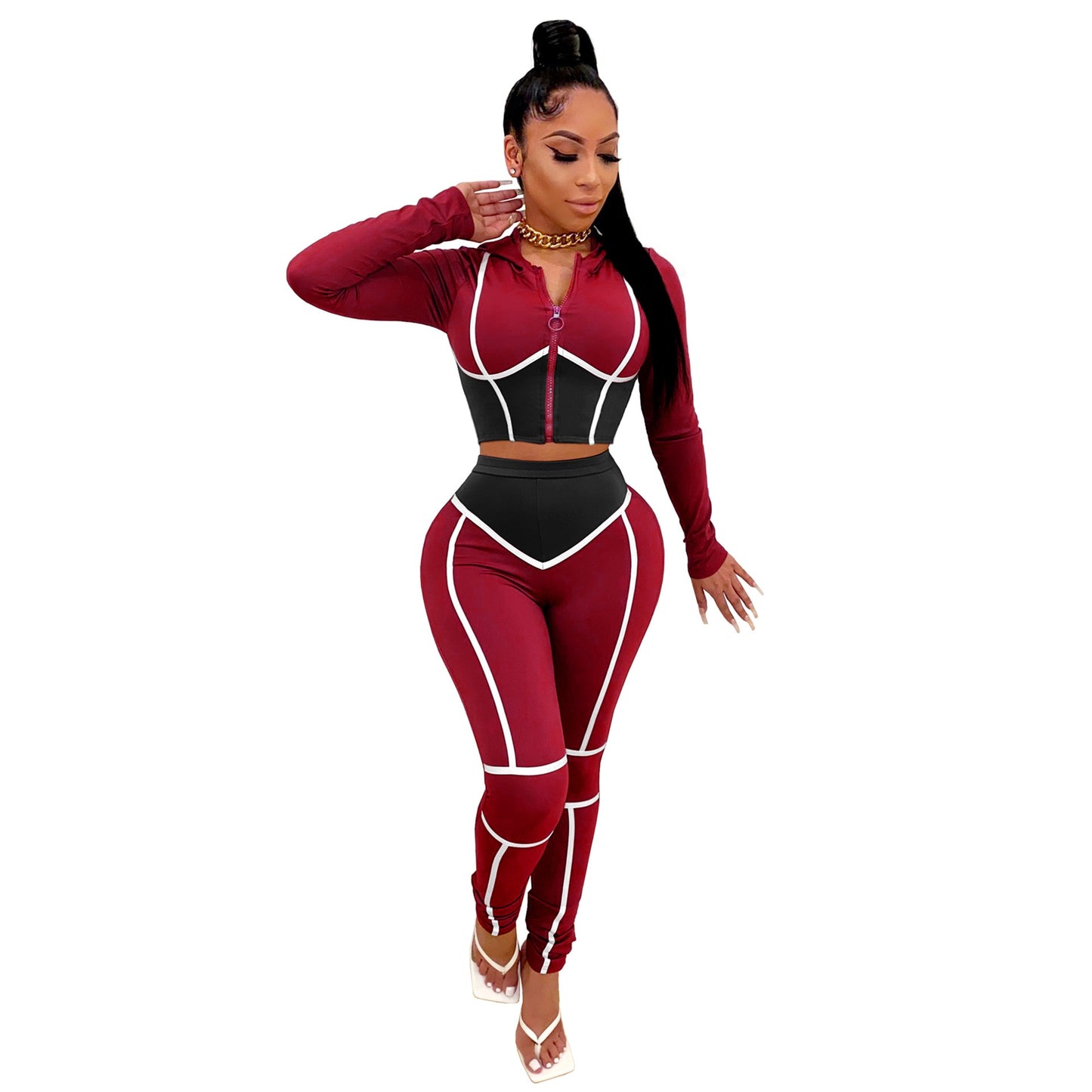 JRRY Women Tracksuit Two Pieces Set Zippers Hooded Top Long Pants 2 Pieces Set Print Sports Suit Casual Ladies Outdoor Wear