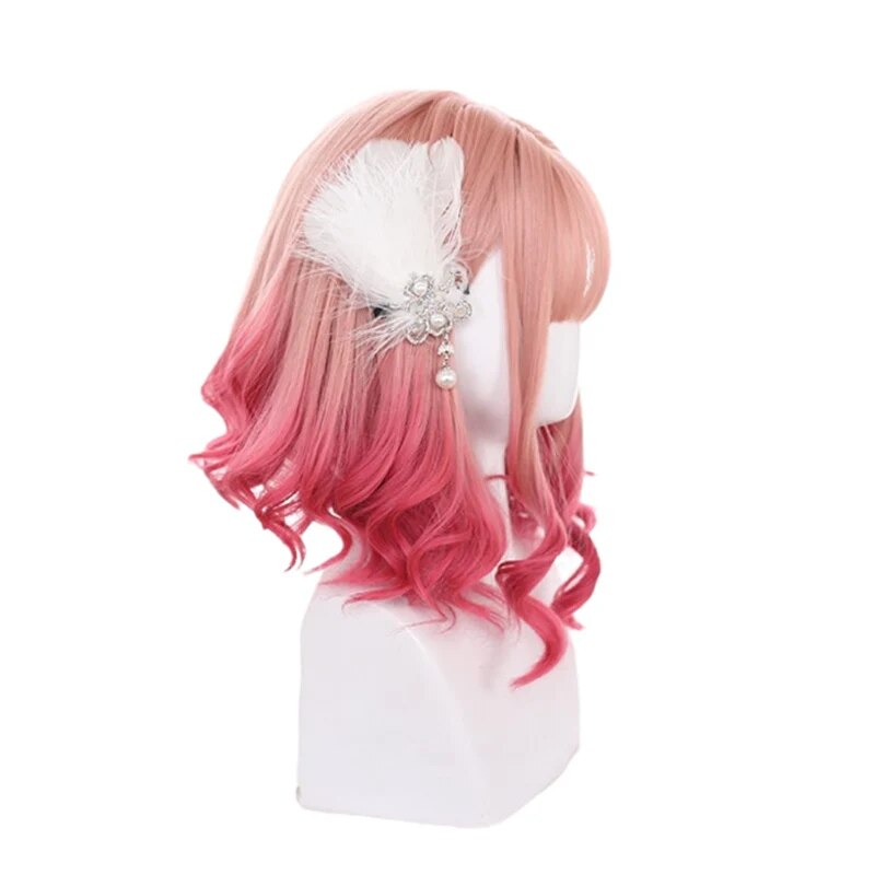 L-email wig Gradient Pink Lolita Wigs Medium Loose Wave Sweet Harajuku Japanese Cosplay Wig Heat Resistant Synthetic Hair