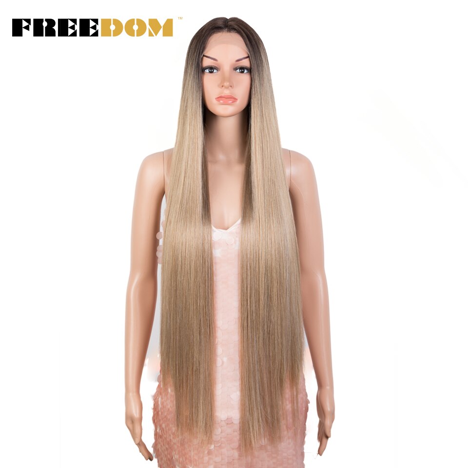 FREEDOM Synthetic Lace Front Wigs For Women Super Long 38Inch Ombre Blonde Highlight Ginger Straight Lace Wigs Cosplay Wigs