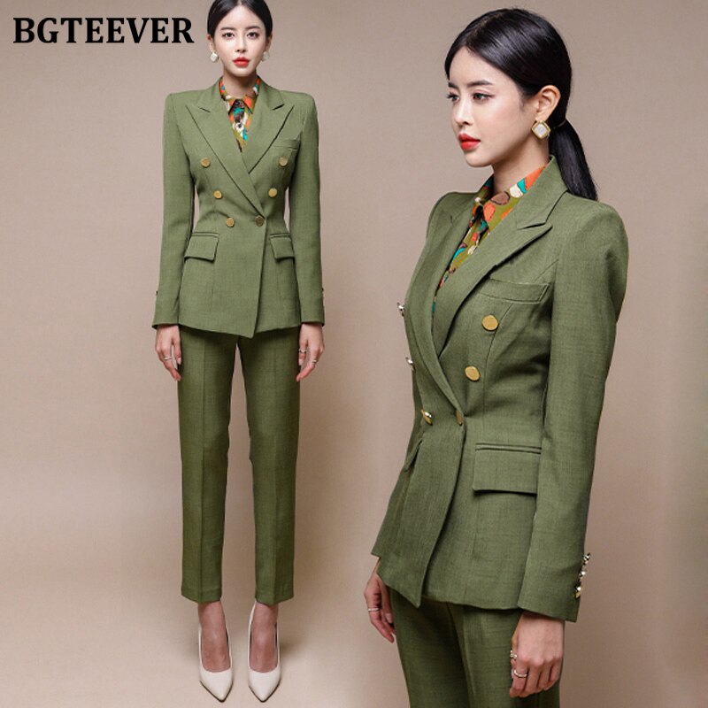 Fashion Green Women Blazer Set Double-breasted Slim Jacket & Pencil Pant Women Pant Suit Ladies Work Suit Female 2 Piece Set