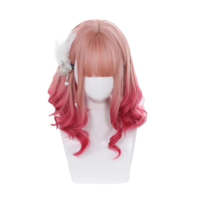 L-email wig Gradient Pink Lolita Wigs Medium Loose Wave Sweet Harajuku Japanese Cosplay Wig Heat Resistant Synthetic Hair