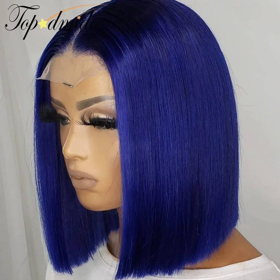 TOPODMIDO Blue Color 13x4 Bob Cut Wigs For Women Peruvian Remy Hair Closure Wigs with Baby Hair Lace Front Human Hair Wigs