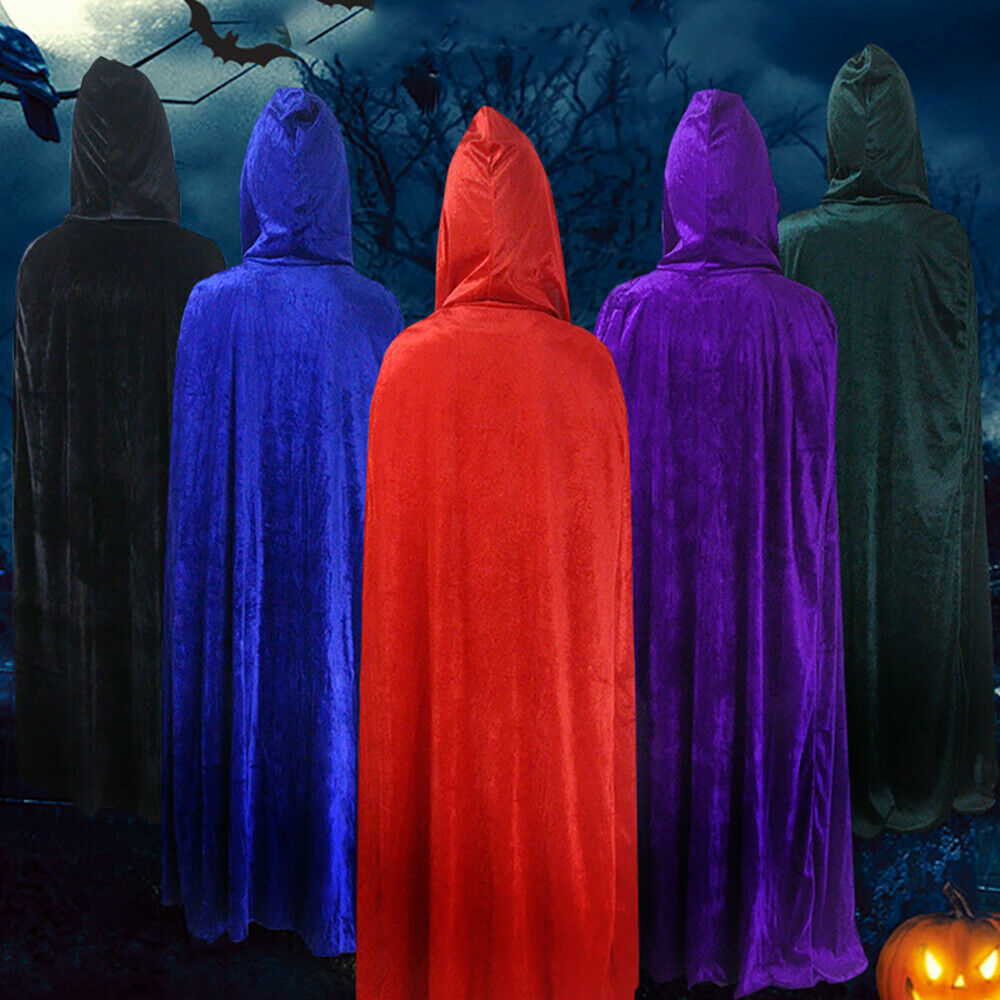 Adult Halloween Velvet Cloak Cape Hooded Medieval Costume Witch Wicca Vampire Halloween Costume Full Length Dress Coats 5 Colors