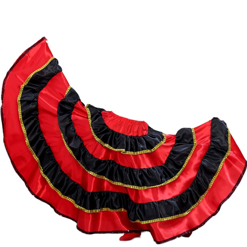 Red Traditional Spanish Flamenco Skirt Gypsy Women Dancing Costume Striped Satin Smooth Big Swing Belly Skirt Performance 90cm