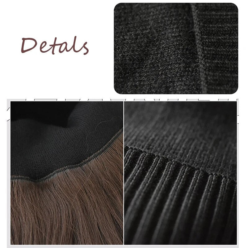 Beanies Hat With Hair Wigs For Women 24 inch Long Straight Hair Synthetic Wig Warm Soft Ski Knitted Autumn Winter Cap