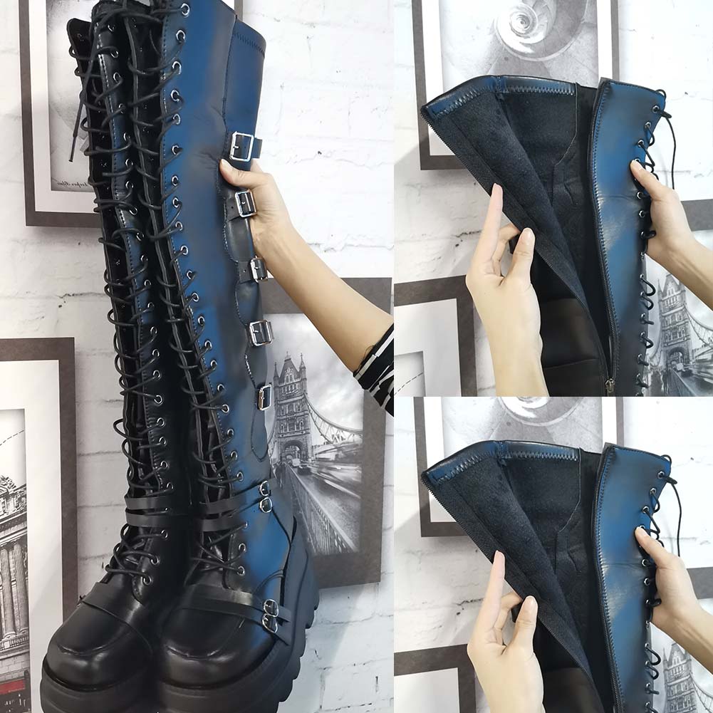 Brand Design Female High Platform Thigh High Boots Fashion Buckle Punk High Heels Boots Women Cosplay Wedges Shoes Woman