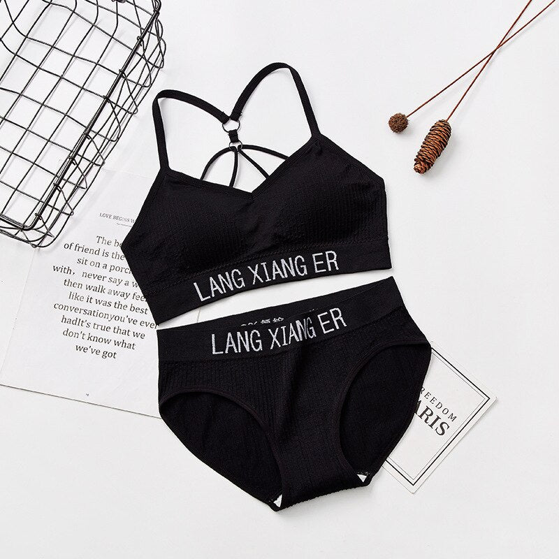 Cotton Sports Training Bra Underwear Solid Color Letters Printed Scoop Neckline Teenage Puberty Girl Wireless Bralette Vest Set