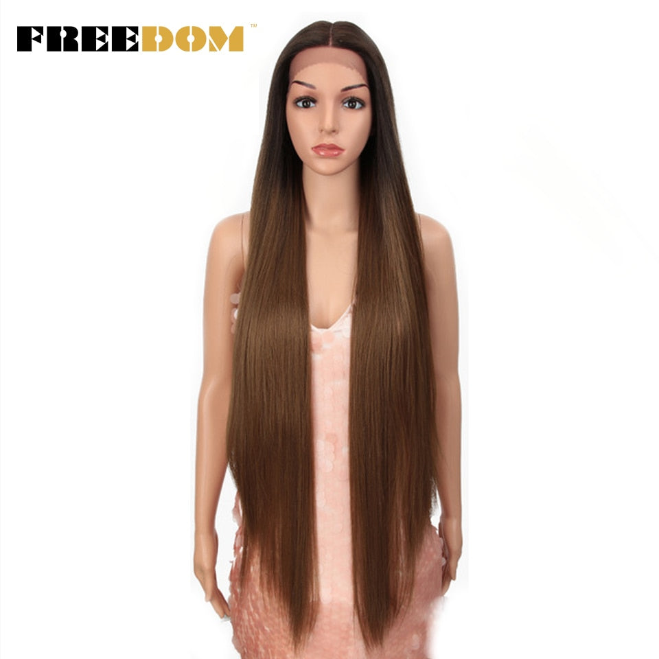 FREEDOM Synthetic Lace Front Wigs For Women Super Long 38Inch Ombre Blonde Highlight Ginger Straight Lace Wigs Cosplay Wigs