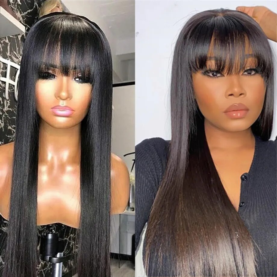 Short Straight Bob Human Hair Wigs With Bangs Full Machine Made Wigs For Black Women Glueless Fringe Wig Brazilian Cheap