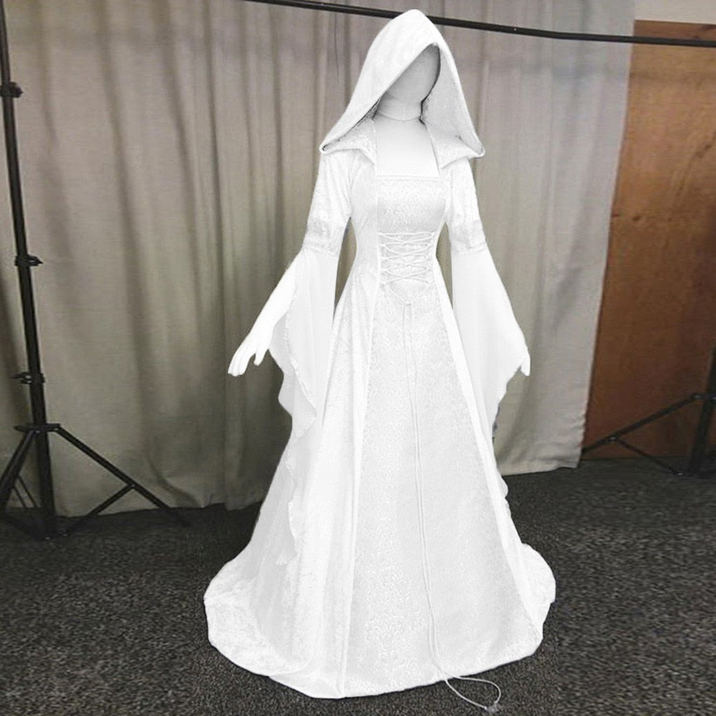 Medieval Renaissance Maxi Train Dress Women Halloween Devil Pagan Witch Wedding Costume Hooded Gown Robe Cosplay Costume