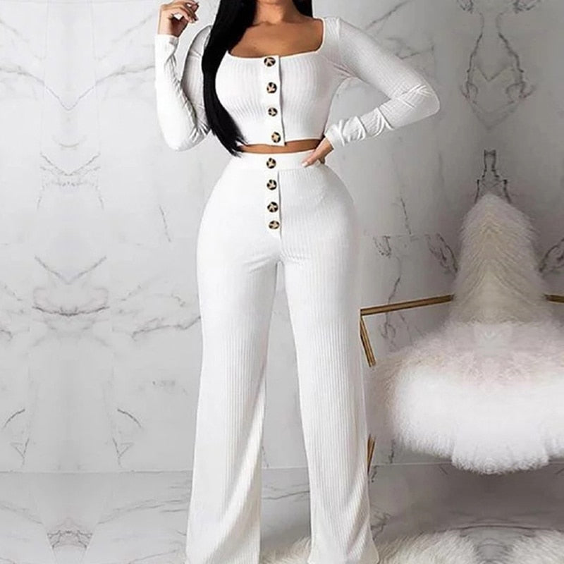 Ribbed 2 Two Piece Set Women's Sets conjunto feminino Women Crop Tops and Pants Suit Long Sleeve Casual Short Top Clubwear Sets